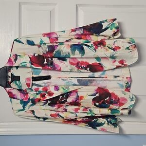 Investments 3/4 Ruched Sleeve Lightweight Open Front Blazer:Watercolor Floral: S